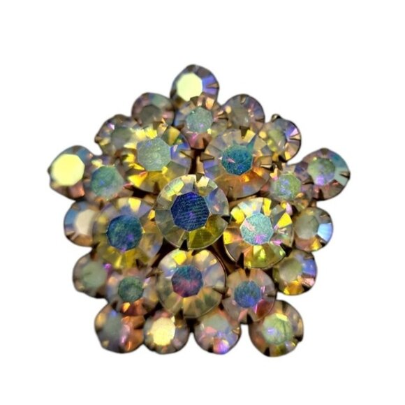 Large Aurora Borealis Rhinestones Brooch Vintage Glass Layered Pin - Picture 1 of 8